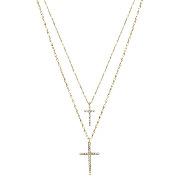 DOUBLE CROSS PAVE PENDANT 2 LAYERED NECKLACE