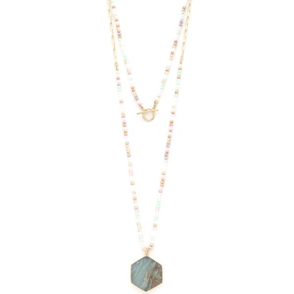 HEXAGON STONE BEADED LAYERED NECKLACE