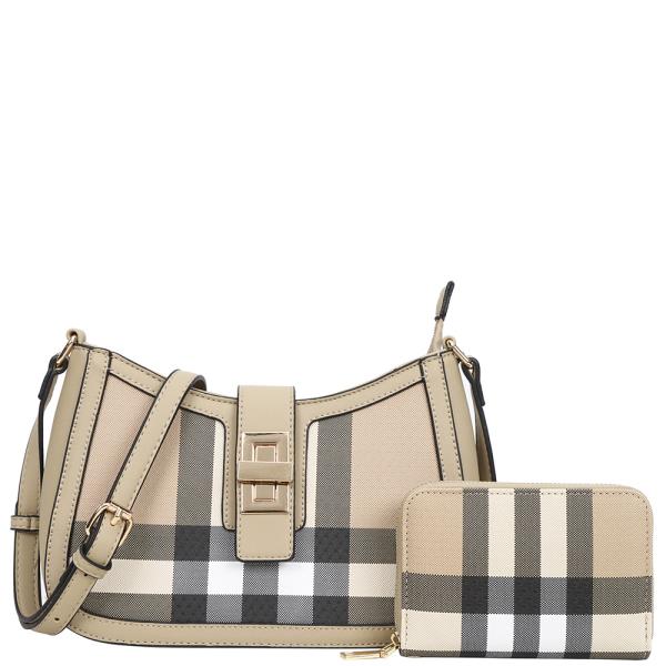 2IN1 FASHION PLAID DESIGN CURVED CROSSBODY BAG WITH WALLET SET