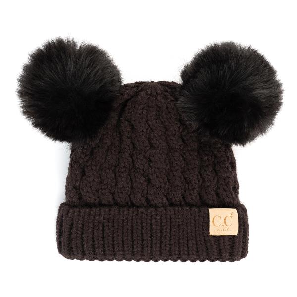 CC DOUBLE POM POM BEANIE HAT IN ALL OVER CABLE PATTERN