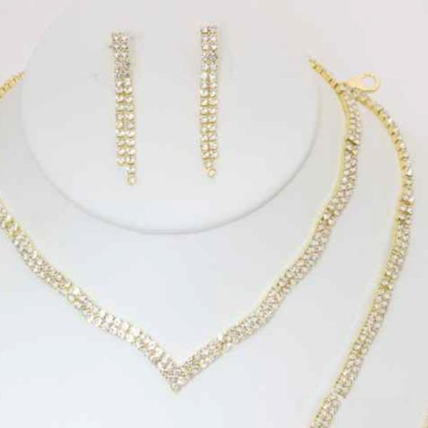 RHINESTONE MULTI ROW LAYERED V SHAPE NECKLACE EARRING BRACELET SET