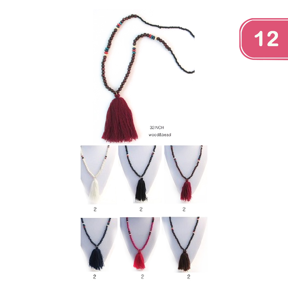 FASHION WOOD AND BEAD TASSEL NECKLACE (12UNITS)