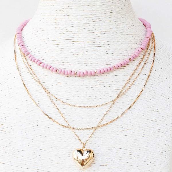 PUFFY HEART CHARM BEADED LAYERED NECKLACE