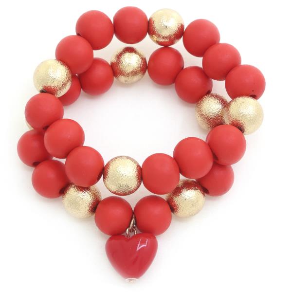 HEART CHARM BEADED BRACELET SET