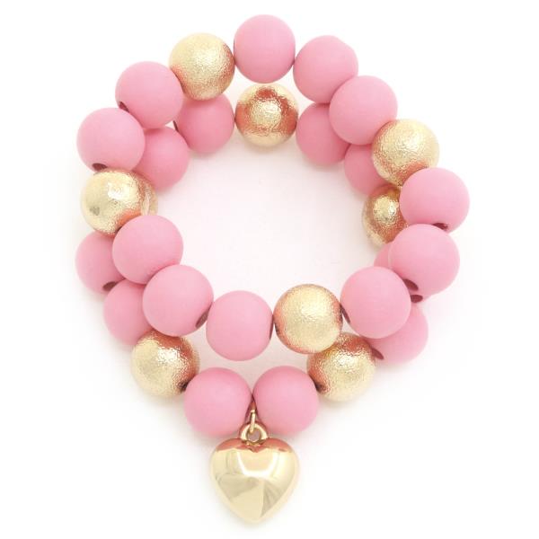 HEART CHARM BEADED BRACELET SET