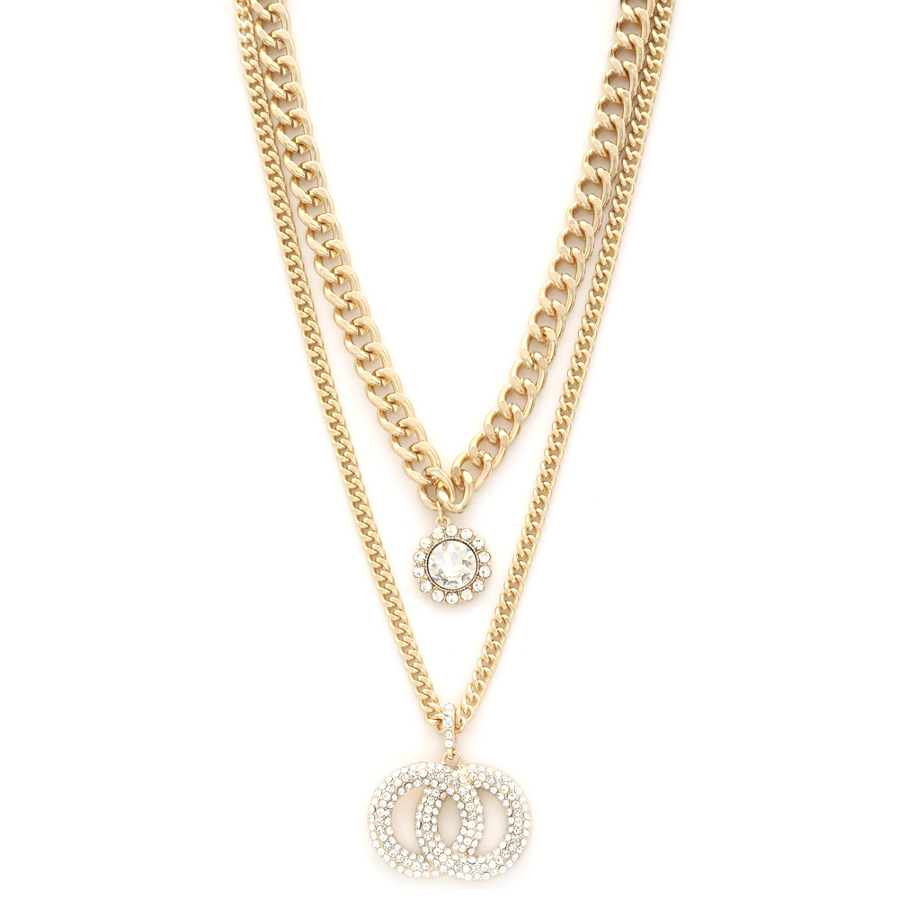 DOUBLE CIRCLE RHINESTONE CURB LINK LAYERED NECKLACE