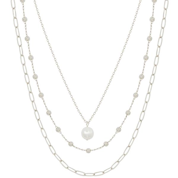 3 LAYERED DOT CHAIN FRESH WATER PEARL PENDANT NECKLACE