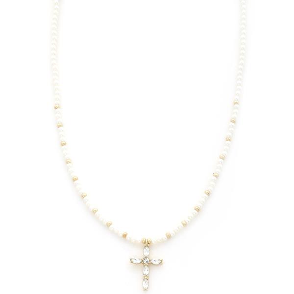 CROSS CHARM PEARL BEAD NECKLACE