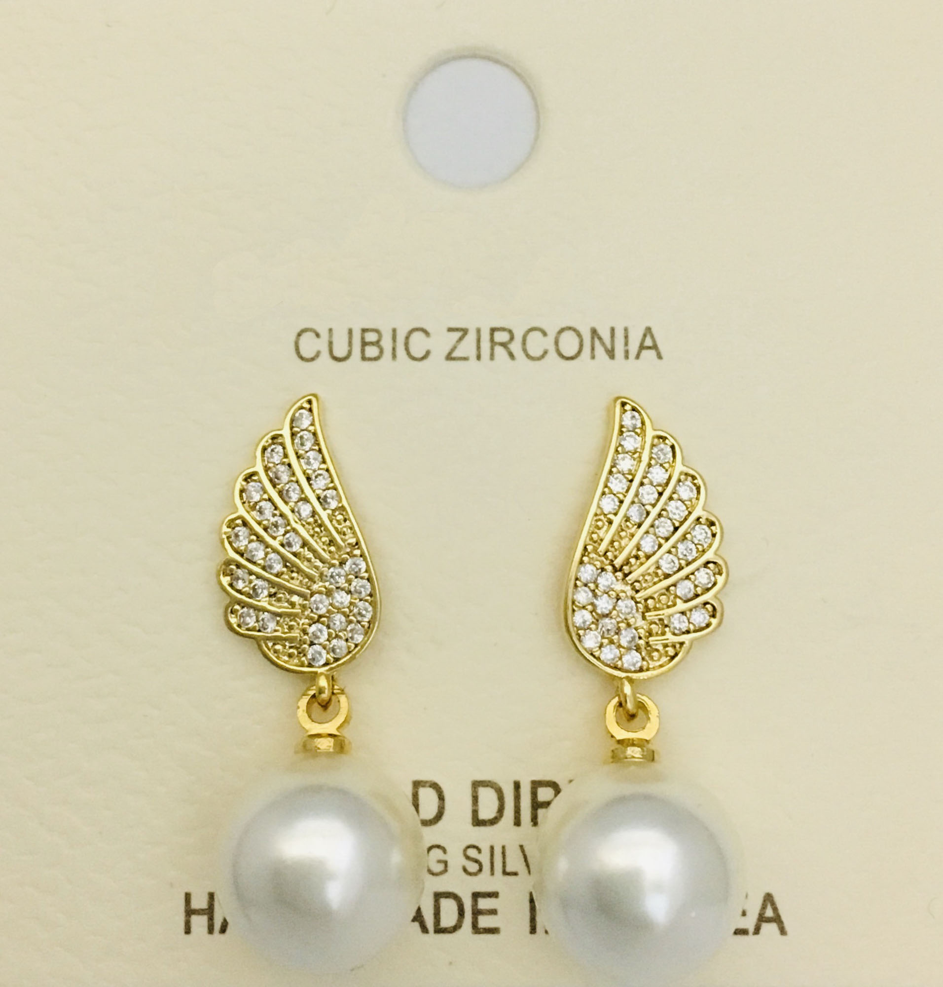 GOLD DIPPED CUBIC ZIRCONIA WING PEARL DANGLE EARRING