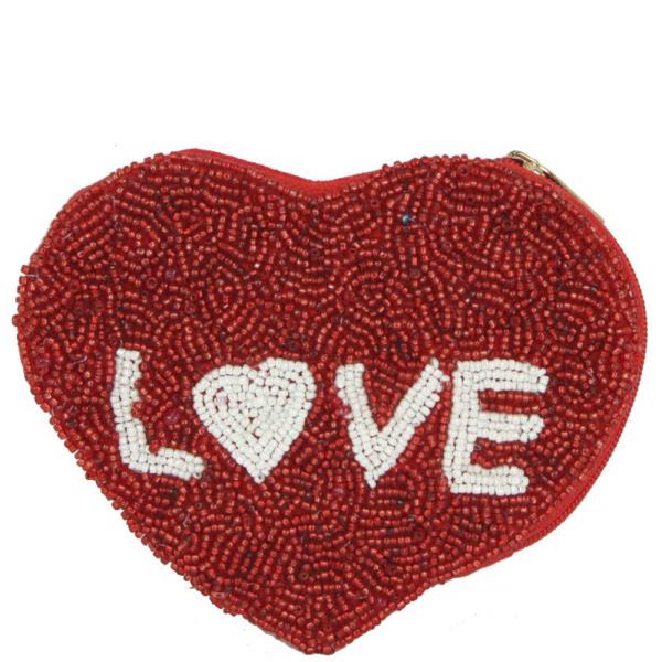 RED LOVE HEART FULLY SEED BEAD ZIPPER BAG