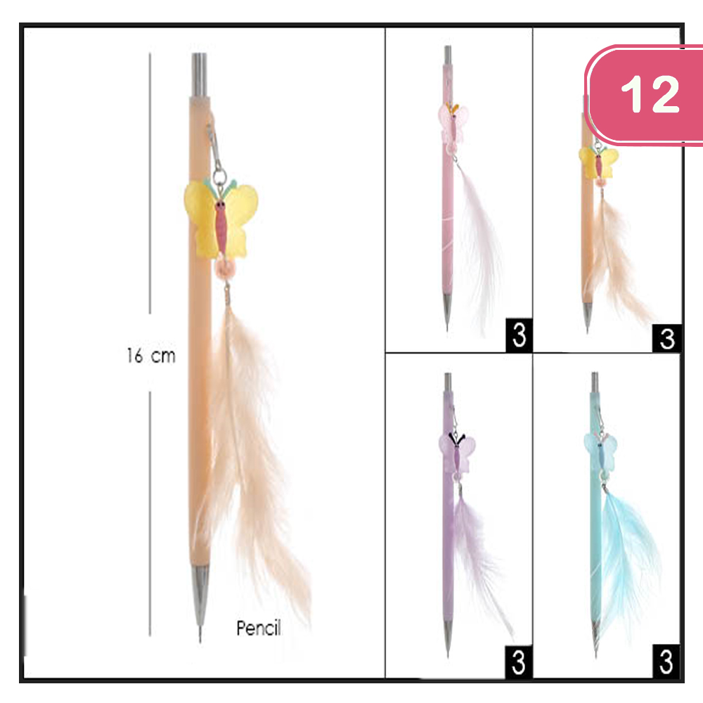 FASHION BUTTERFLY FEATHER CHARM LEAD PENCIL(12UNITS)