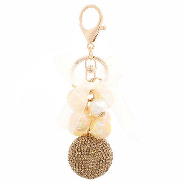 RHINESTONE BALL RIBBON PEARL KEYCHAIN