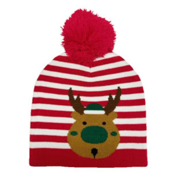 STRIPE REINDEER BEANIE W/POM