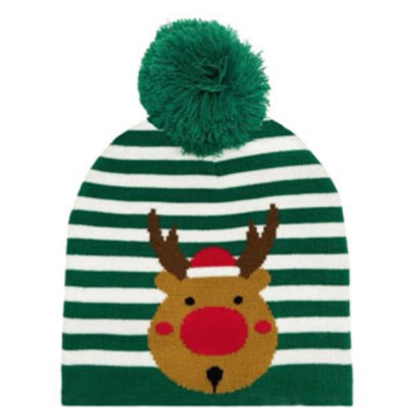 STRIPE REINDEER BEANIE W/POM