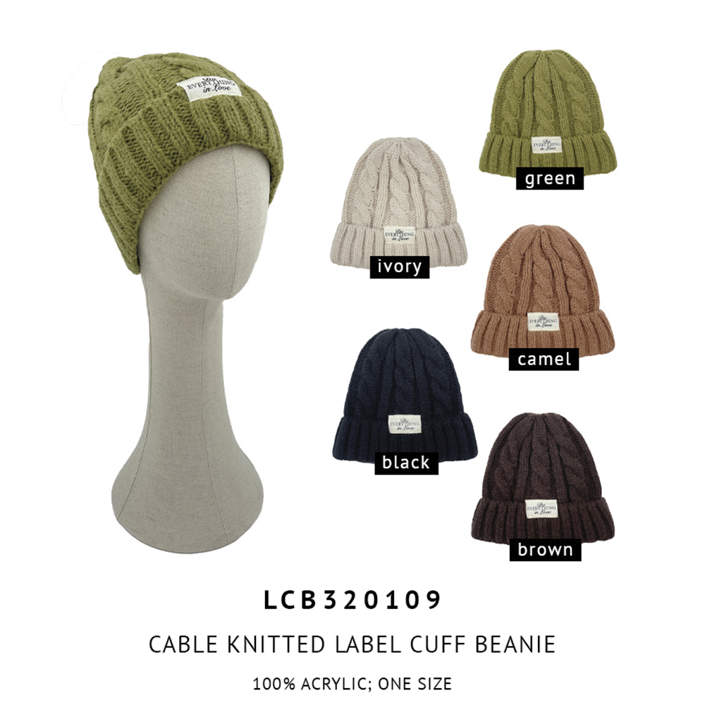 CABLE KNITTED LABEL CUFF BEANIE