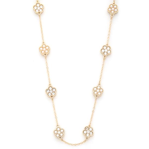 FLORAL SHAPE PEARL CRYSTAL PATTERN NECKLACE