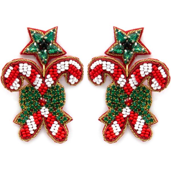 SEED BEAD CHRISTMAS CANDY CANE BOW TIE EARRING