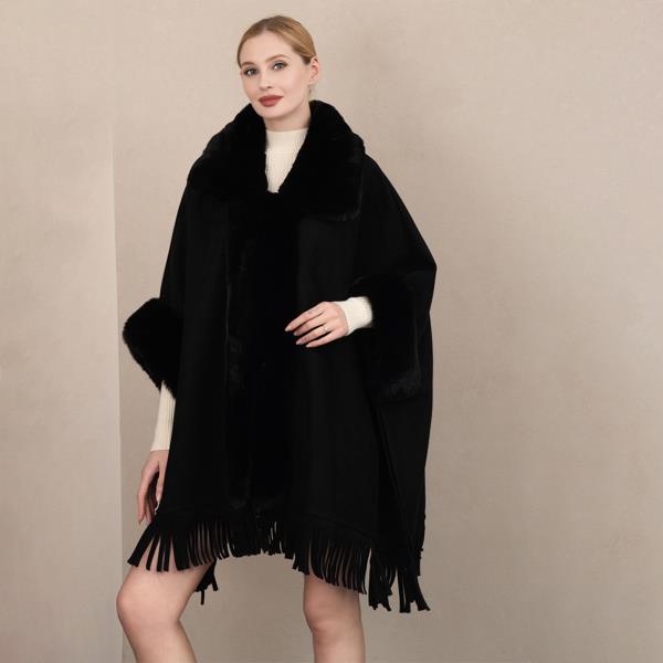 NECK FAUX FUR TASSEL COAT