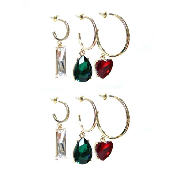 METAL HOOP GEMSTONE DANGLE EARRING 3 PAIR SET