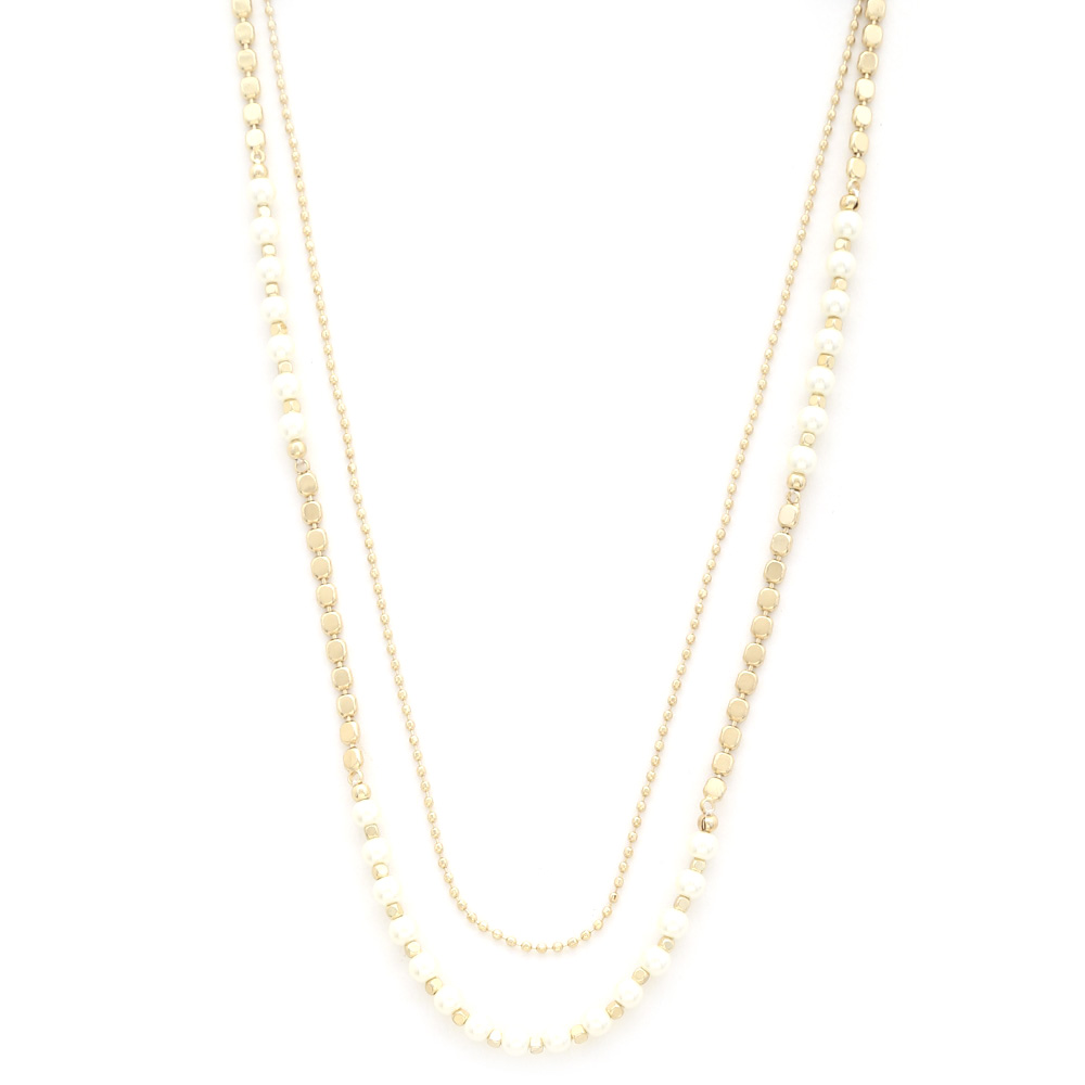PEARL BEAD METAL LAYERED NECKLACE