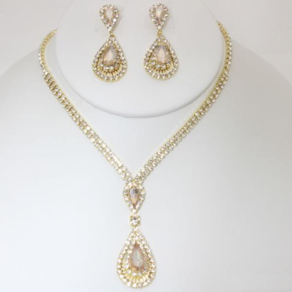 CRYSTAL RHINESTONE TEARDROP NECKLACE EARRING SET