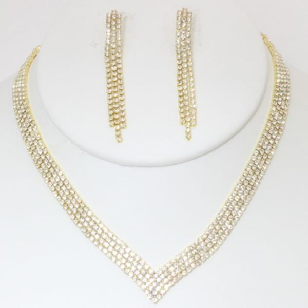 CRYSTAL RHINESTONE V NECKLACE EARRING SET