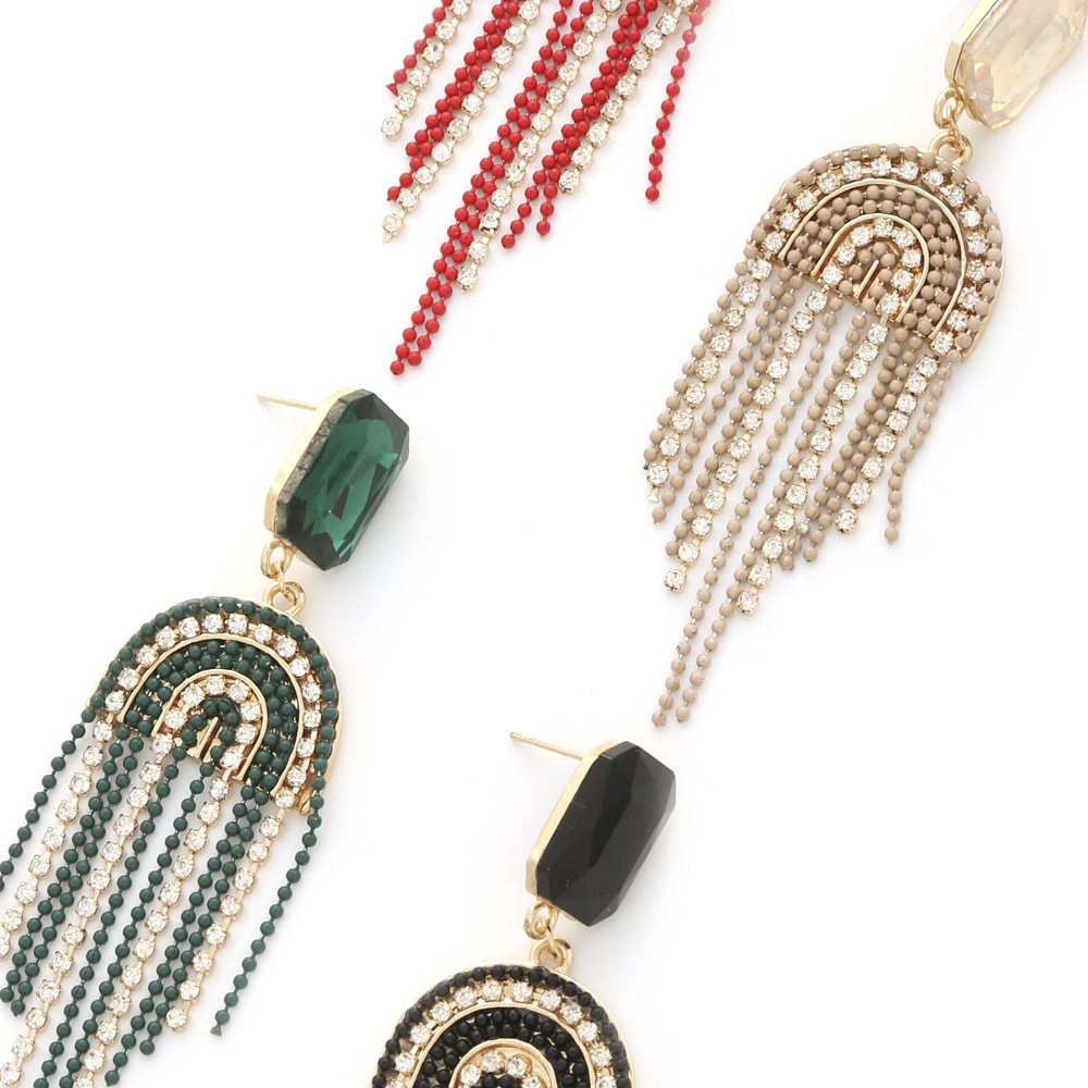 RHINESTONE BEAD U TASSEL DANGLE EARRING