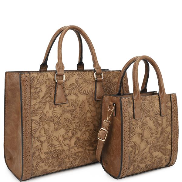 2IN1 FLOWER DESIGN TEXTURE SATCHEL WITH MATCHING MINI BAG SET