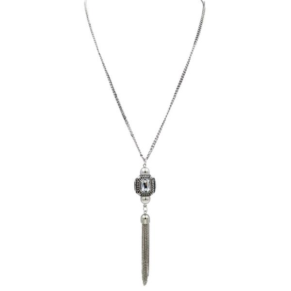 CUBE RHINESTONE CHAIN TASSEL NECKLACE