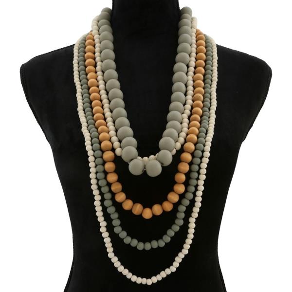 WOOD BEADED LAYERED LONG NECKLACE