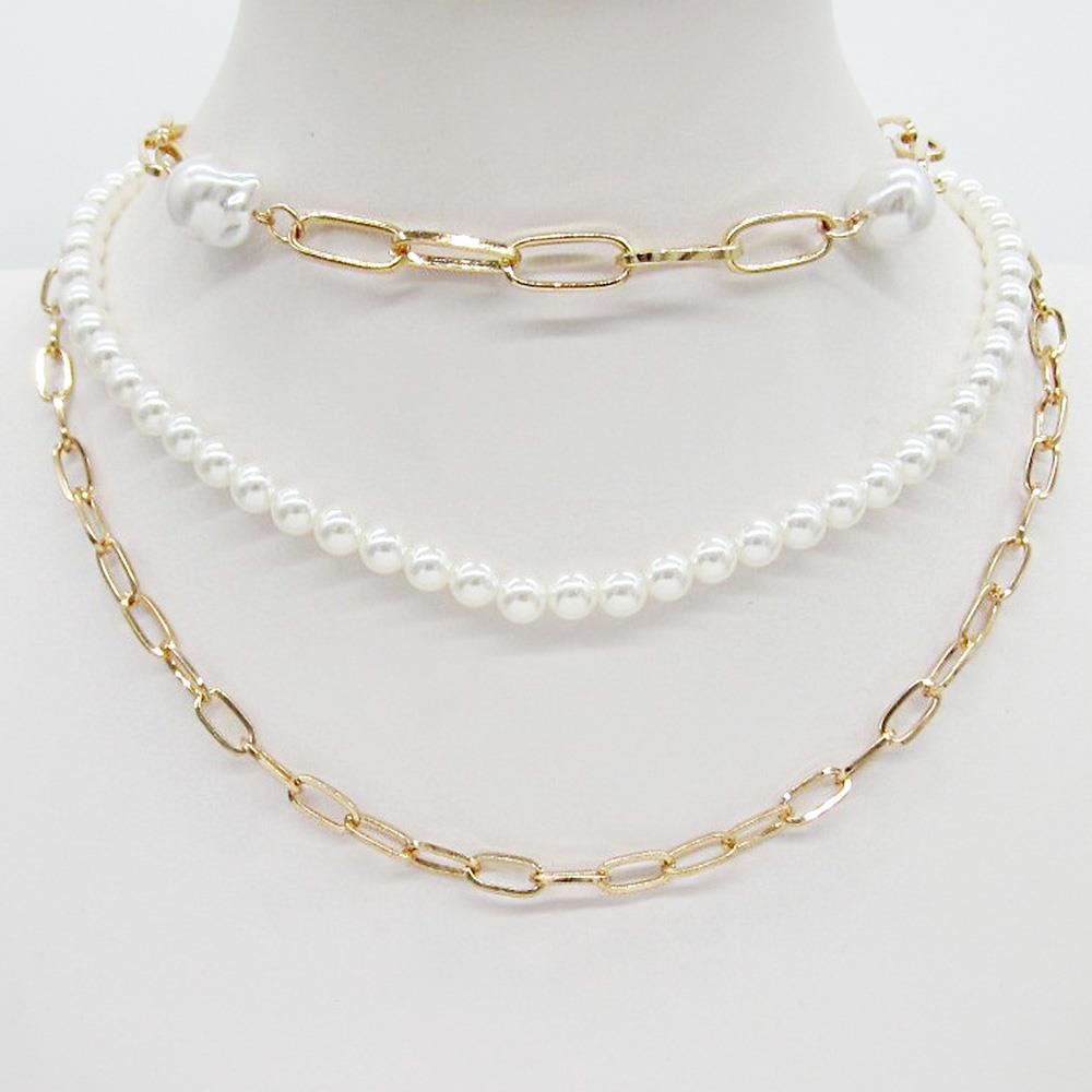 OVAL LINK PEARL BEAD LAYERED NECKLACE