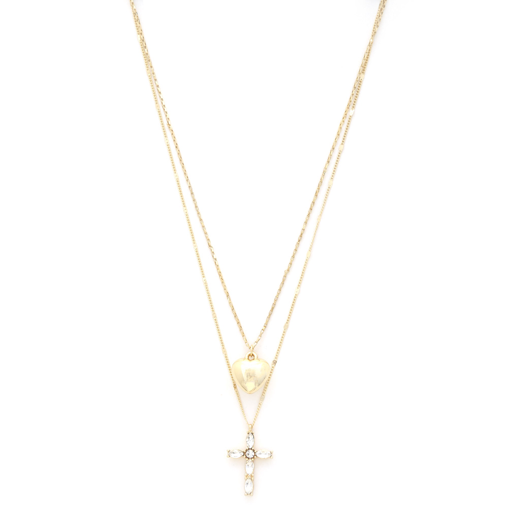 PUFFY HEART CROSS CHARM LAYERED NECKLACE