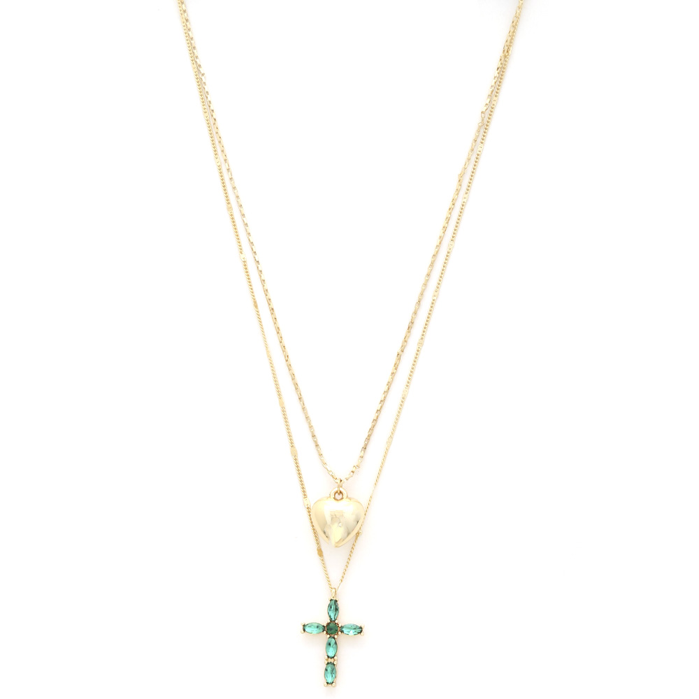 PUFFY HEART CROSS CHARM LAYERED NECKLACE