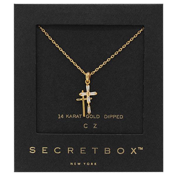 14K GOLD DIPPED CZ DOUBLE CROSS CHARM NECKLACE