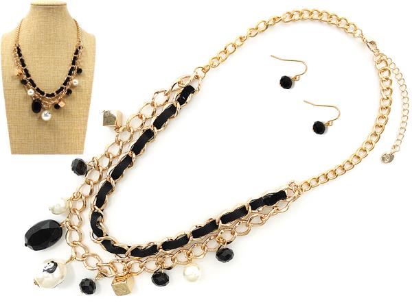 MULTI CHARM CHAIN LAYERED NECKLACE EARRING SET
