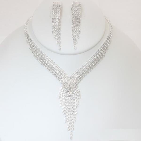 CRYSTAL RHINESTONE FRINGE NECKLACE CLIP EARRING SET