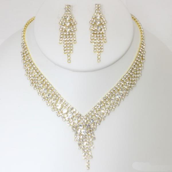 CRYSTAL RHINESTONE FRINGE V NECKLACE EARRING SET
