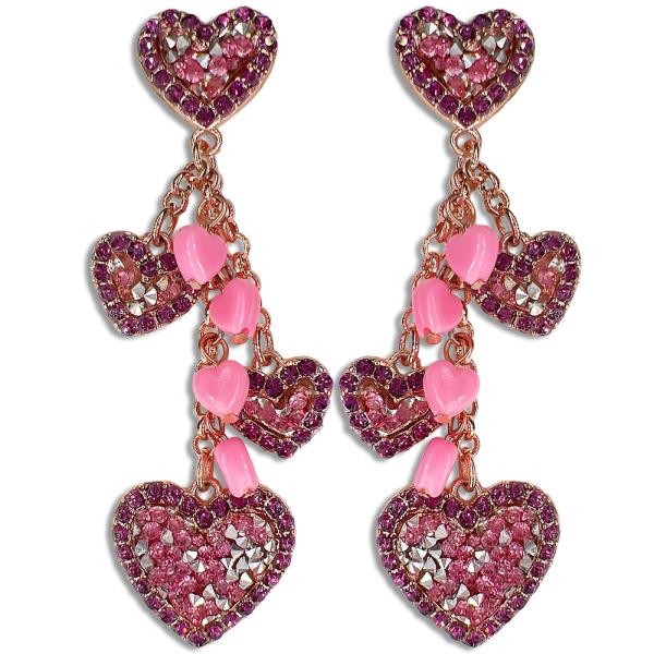 METAL VALENTINES DAY GLASS STONE HEART DANGLE POST EARRING
