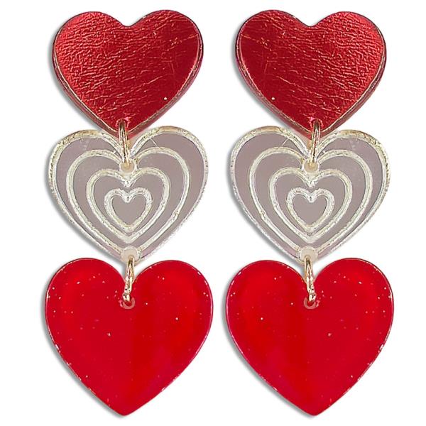ACETATE  VALENTINES HEART MIRROR 3 TIERED POST EARRING