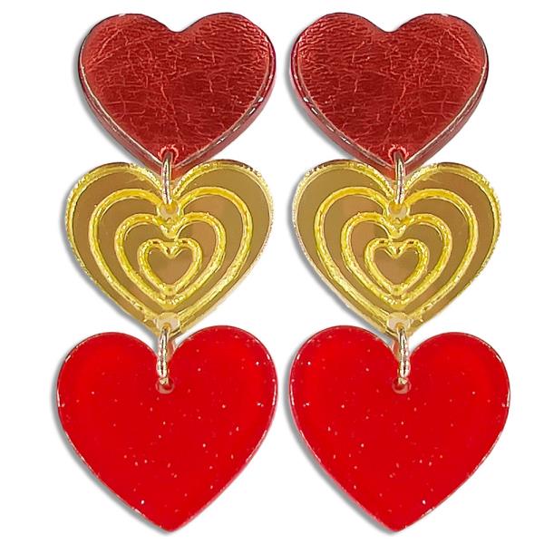 ACETATE VALENTINES HEART MIRROR 3 TIERED POST EARRING