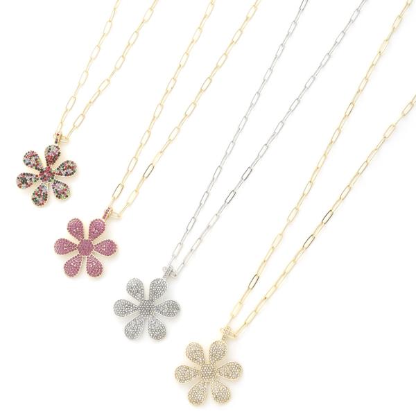 FLOWER RHINESTONE PENDANT NECKLACE