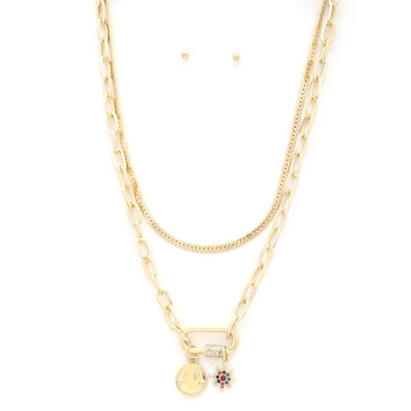HAPPY FACE STAR CHARM OVAL LINK LAYERED NECKLACE