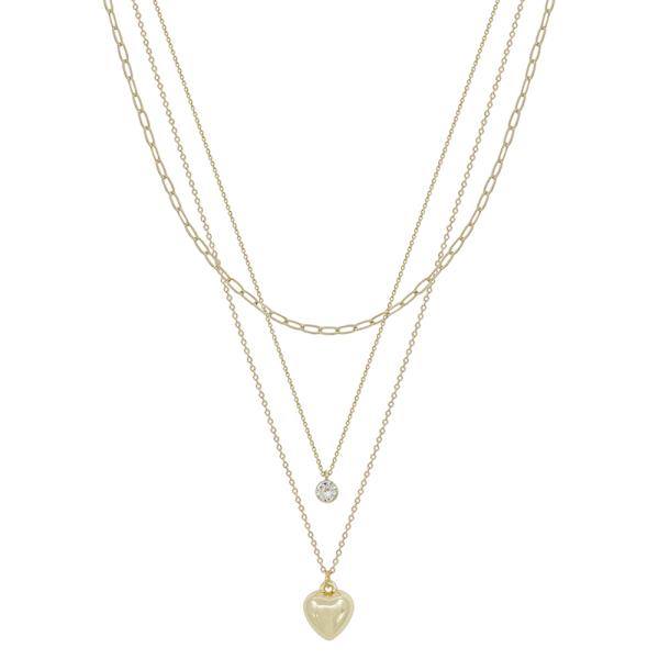 3 LAYERED HEART & CRYSTAL PENDANT SHORT NECKLACE