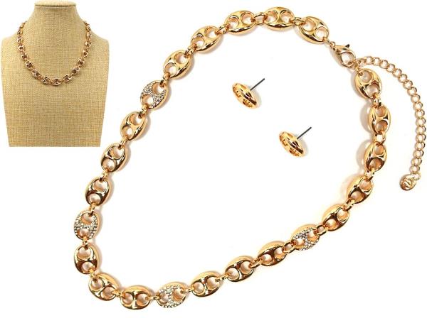 METAL CHAIN W STONE  NECKLACE EARRING SET