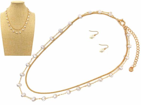 LAYERED W PEARL  NECKLACE EARRING SET