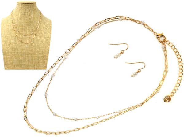 METAL LAYER W. PEARL LINK  NECKLACE EARRING SET