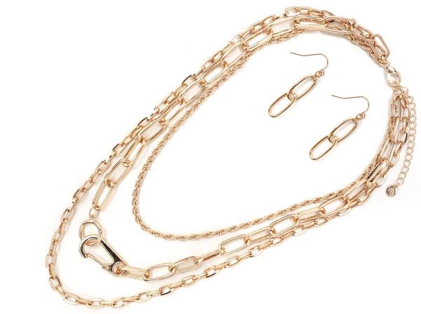 LAYERED METAL CHAIN LINK  NECKLACE EARRING SET