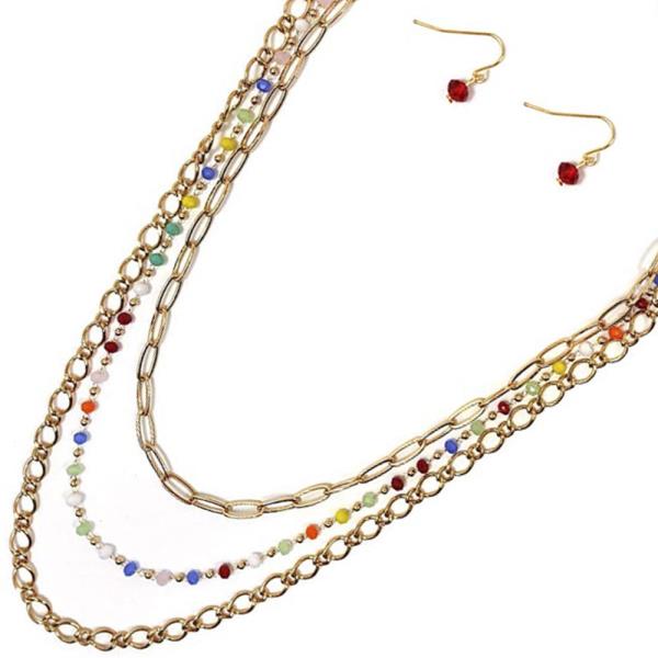 LAYERED METAL CHAIN W GLASS BEAD  NECKLACE EARRING SET