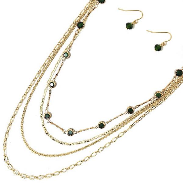 LAYERED METAL CHAIN W GLASS BEAD  NECKLACE EARRING SET