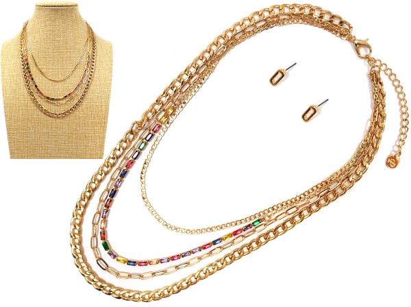 LAYERED METAL CHAIN W GLASSBEAD  NECKLACE EARRING SET